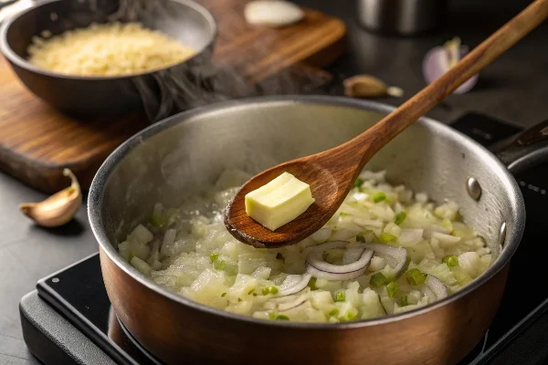 a-pot-on-a-stove-with-a-tablespoon-of-butter-melti