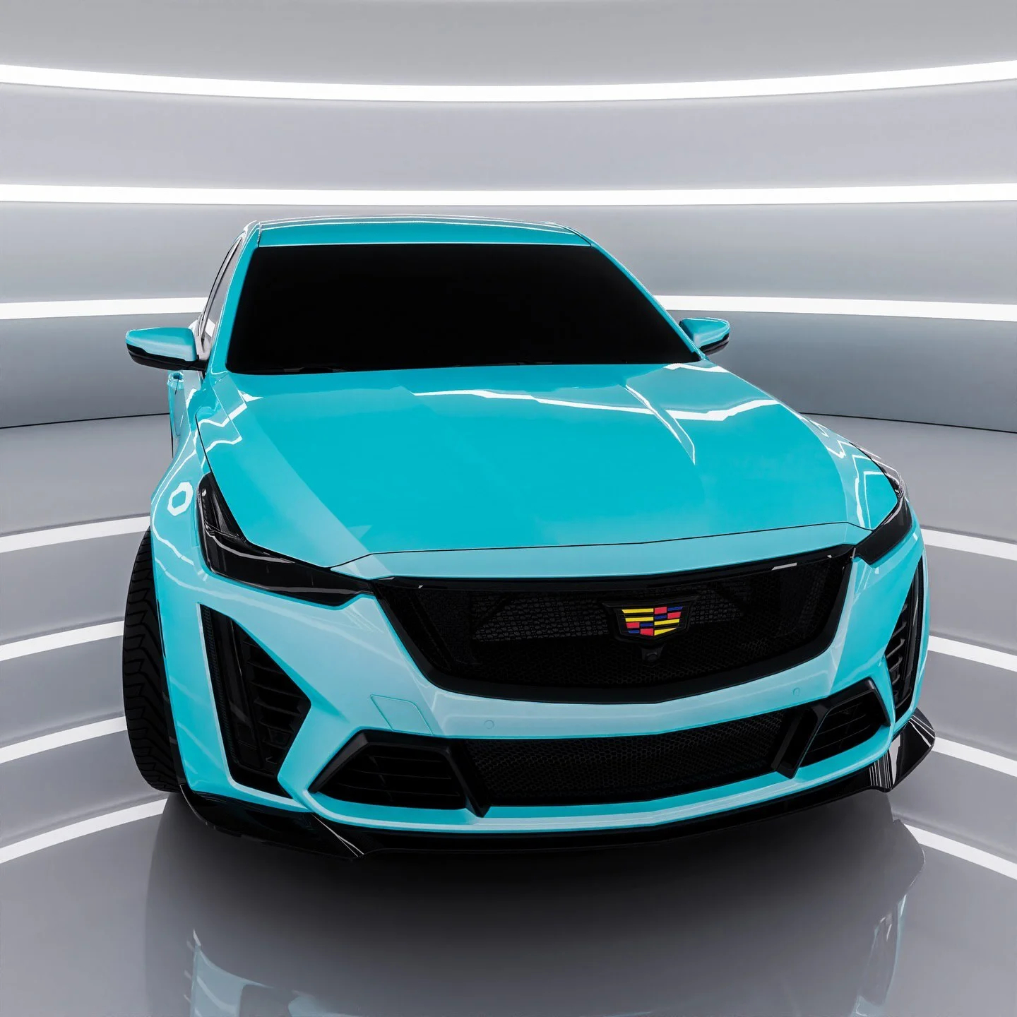 تصویری از سدان لوکس و پرفورمنس کادیلاک CT5-V بلک‌وینگ (Cadillac CT5-V Blackwing) با رنگ بدنه سفید متالیک (یخ قطبی) که بر روی رینگ‌های فورج سبک‌وزن با پوشش کرومی قرار دارد؛ این خودروی سوپرشارژر، پرچم‌دار سدان‌های اسپرت کادیلاک است.