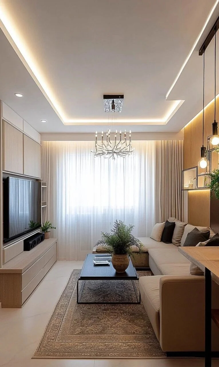 چیدمان پذیرایی مستطیل باریک 
