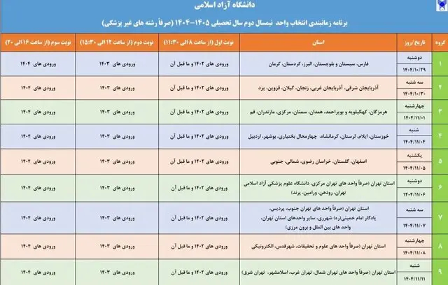 اعلام جزئیات برنامه زمانبندی انتخاب واحد نیمسال دوم تحصیلی دانشگاه آزاد