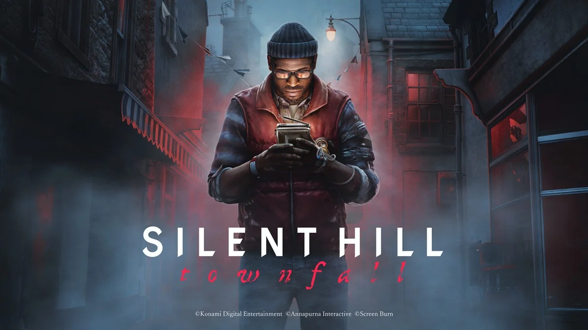 Poster for Silent Hill Townfall Man in Hoodie and Beanie Looking at a Handheld Device in a Foggy Neon lit Alley