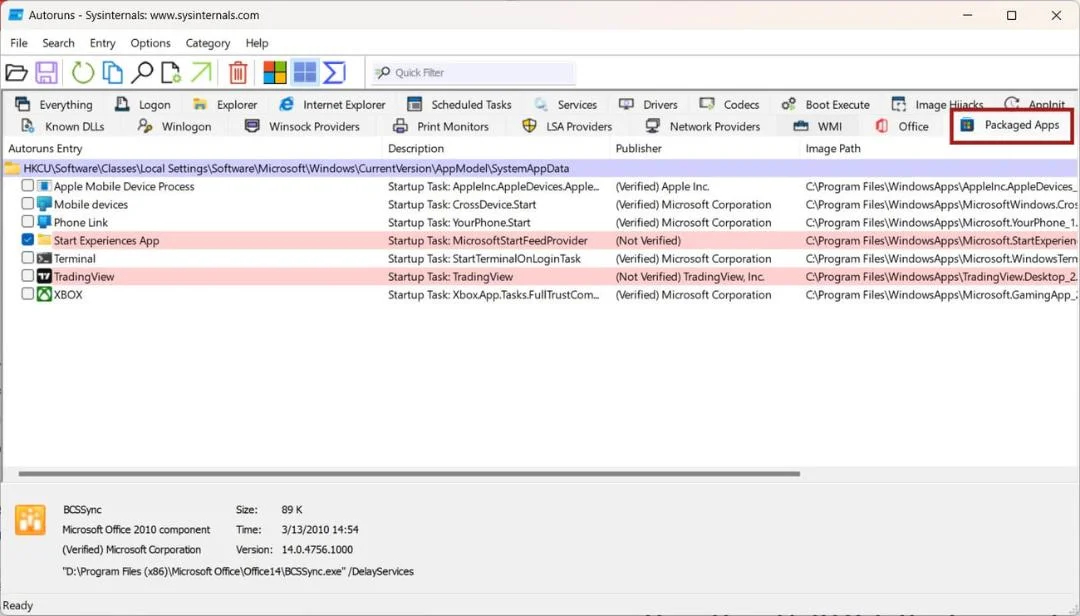فهرست برنامه‌های استارتاپ در بخش Packaged Apps ابزار Autoruns