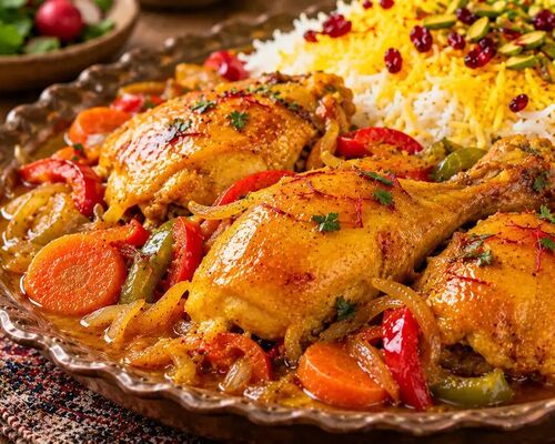 طرز تهیه مرغ زعفرانی آبدار رستورانی با و بدون رب