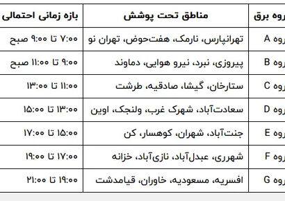 جدول قطعی برق تهران امروز ۸ مرداد